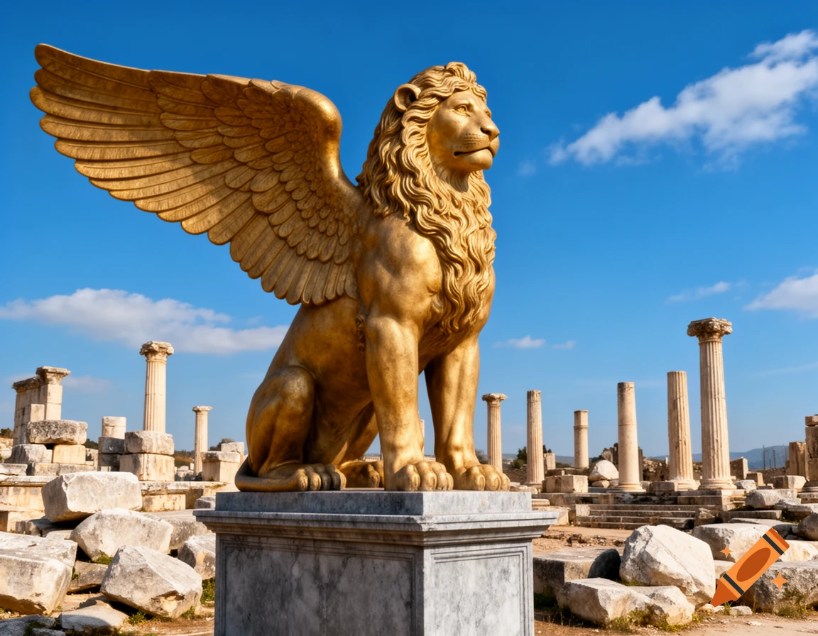 A majestic golden winged lion statue stands on a marble base amidst ancient stone ruins under a clear blue sky.