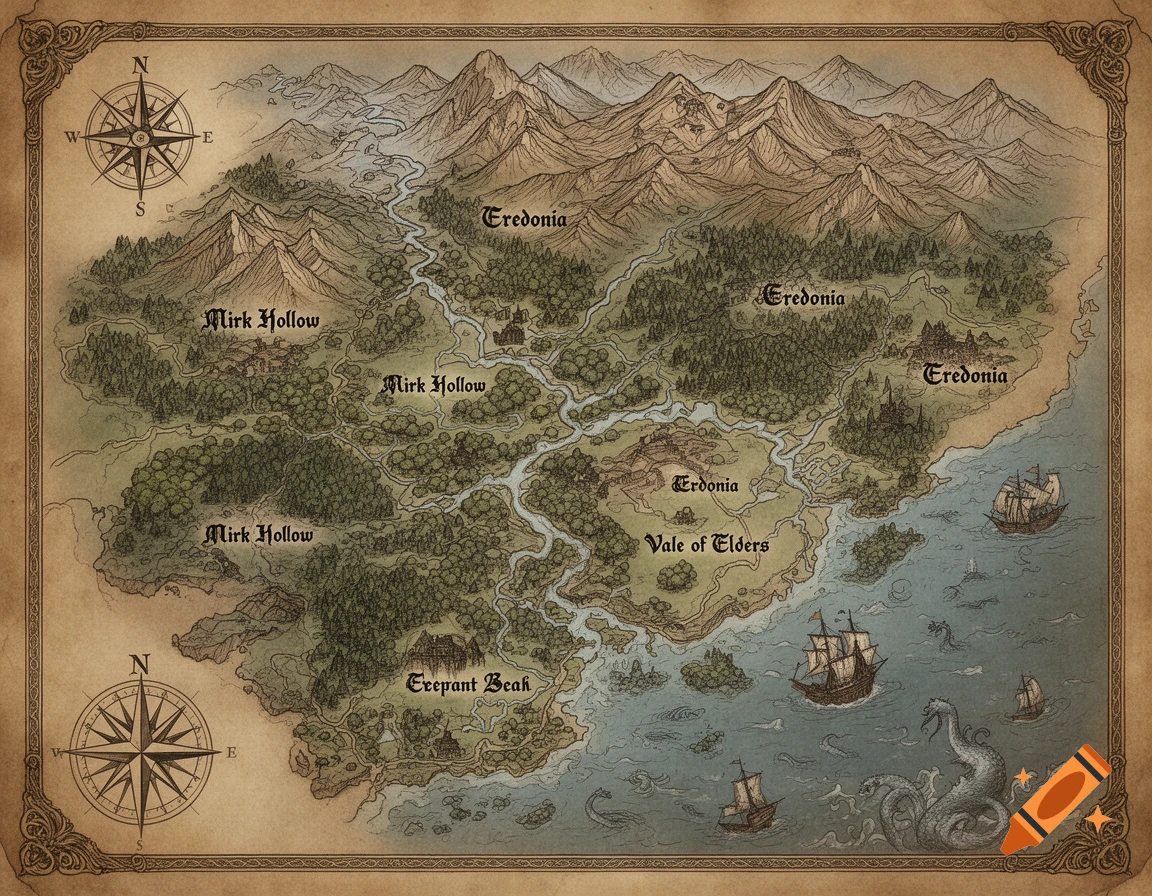 Fanatsy Mapbook Water A detailed, hand-drawn fantasy map featuring mountains, forests, rivers ...