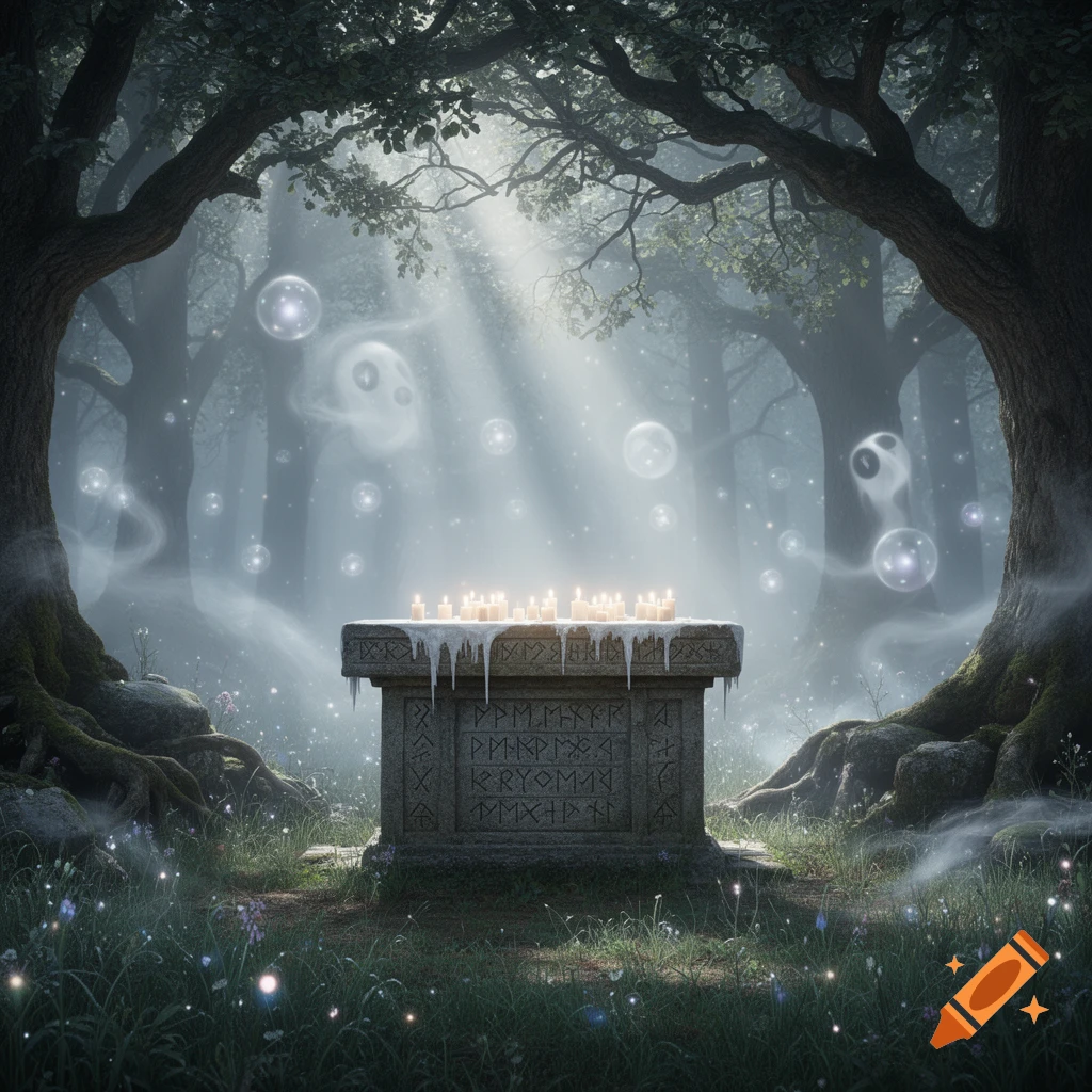 A stone altar with lit candles and melting wax in a misty, moonlit forest, surrounded by ethereal ghost figures and glowing bubbles.