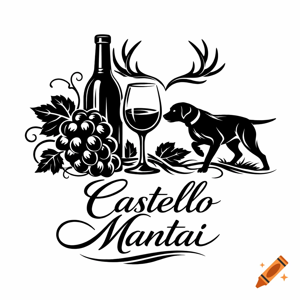 Monochromatic logo with a wine bottle, wine glass, grapes, vine leaves, deer antlers, and a hunting dog. Below, the text reads "Castello Mantai" in a script font.