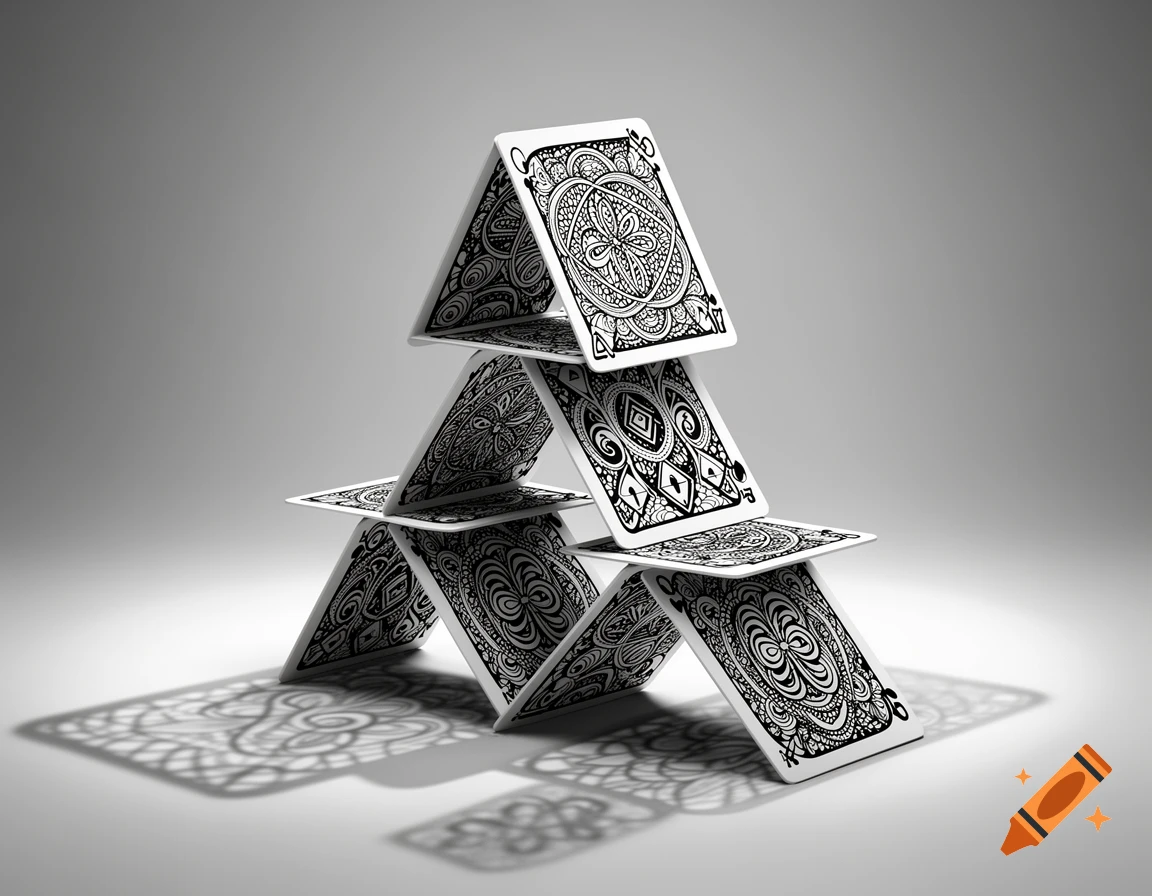 A house of cards built from playing cards adorned with intricate black and white Zentangle patterns, casting shadows on a gray surface.