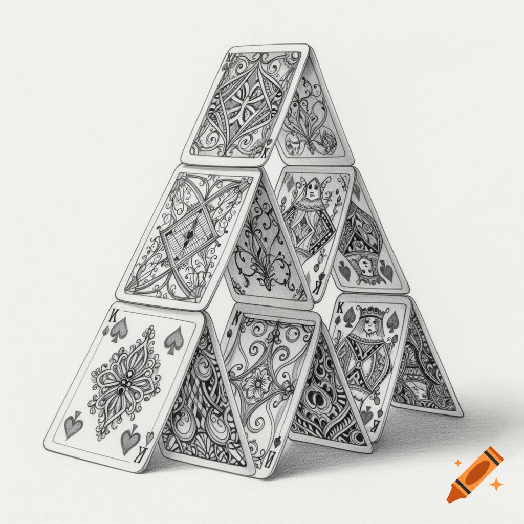 A detailed black and white Zentangle drawing of a house of cards, featuring intricate patterns on each card.