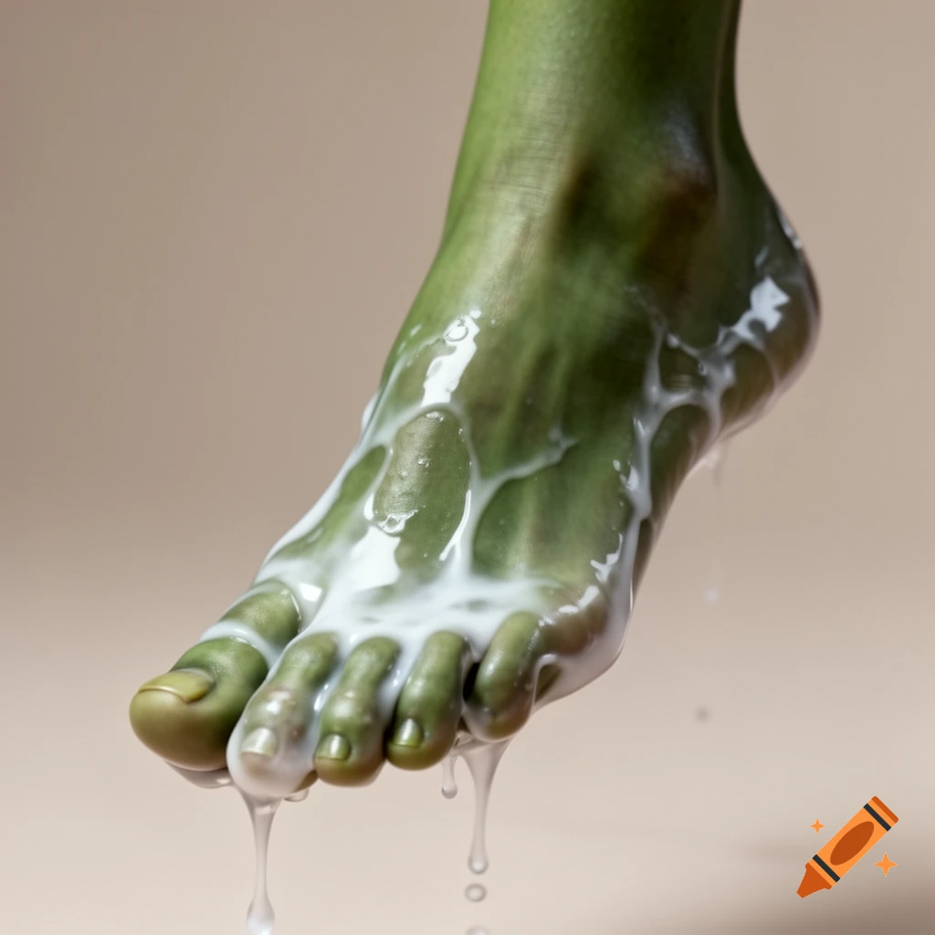 A green female foot covered in white liquid slime, dripping against a light background.