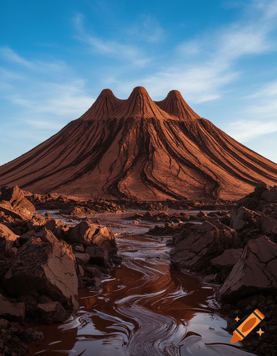 A photorealistic image of a mountain made of chocolate, with a river of molten chocolate flowing through a rocky, chocolate-like landscape under a blue sky.