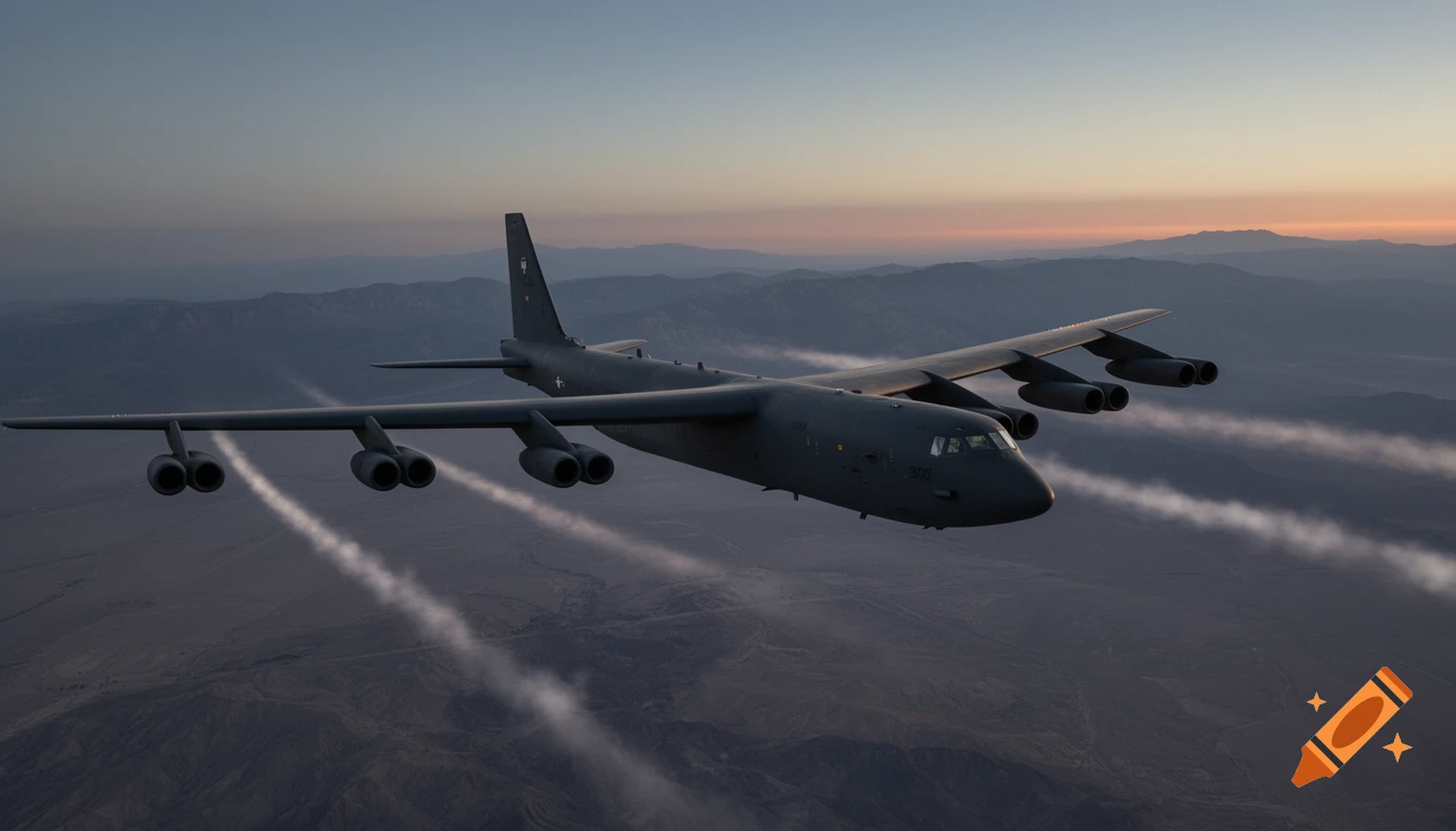 A dark B-52 bomber flies over a mountainous desert landscape at dusk, leaving white contrails behind its engines.