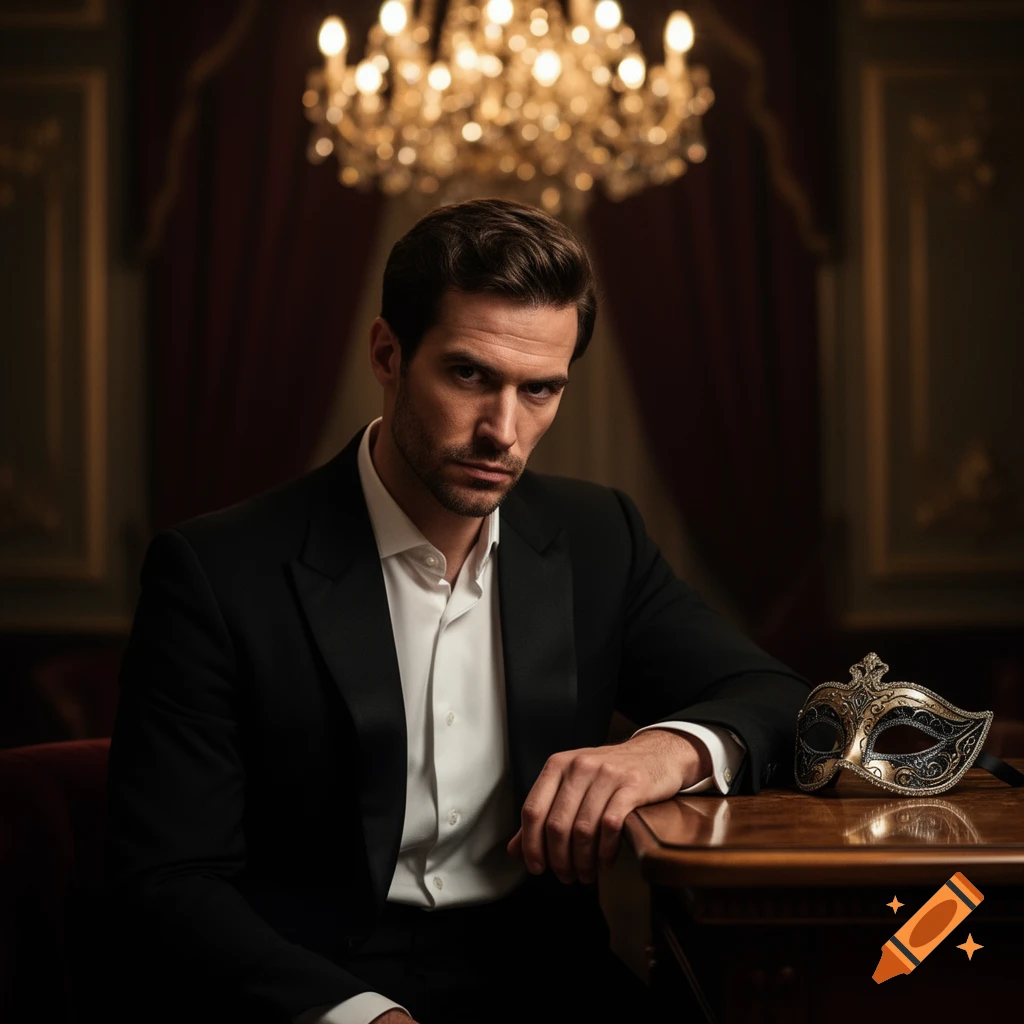 A serious man in a black tuxedo sits at a wooden table with a gold and black masquerade mask in a luxurious room under a chandelier.