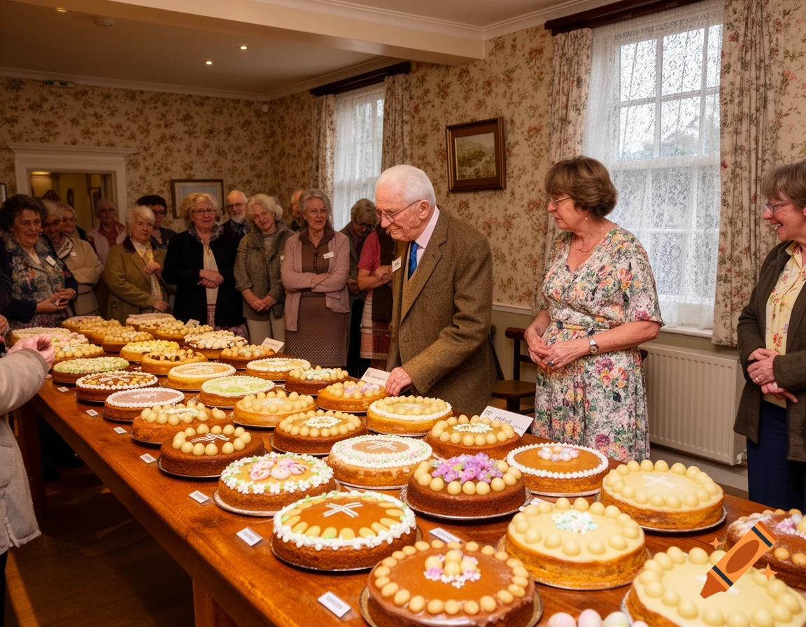 Older people admiring a long table laden with many elaborately decorated cakes, possibly at a baking competition.