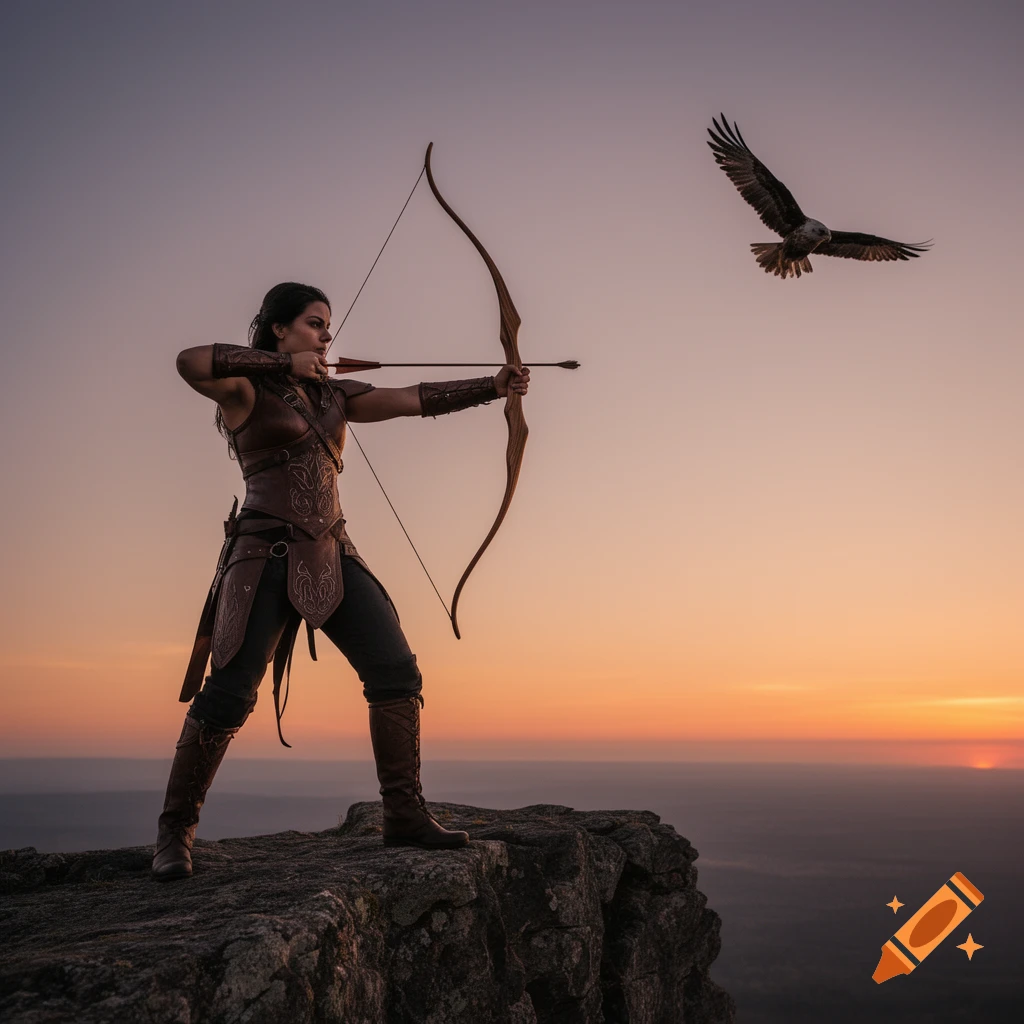 Photorealistic image of a female archer in fantasy attire aiming a bow on a cliff at sunset, with an eagle flying above.