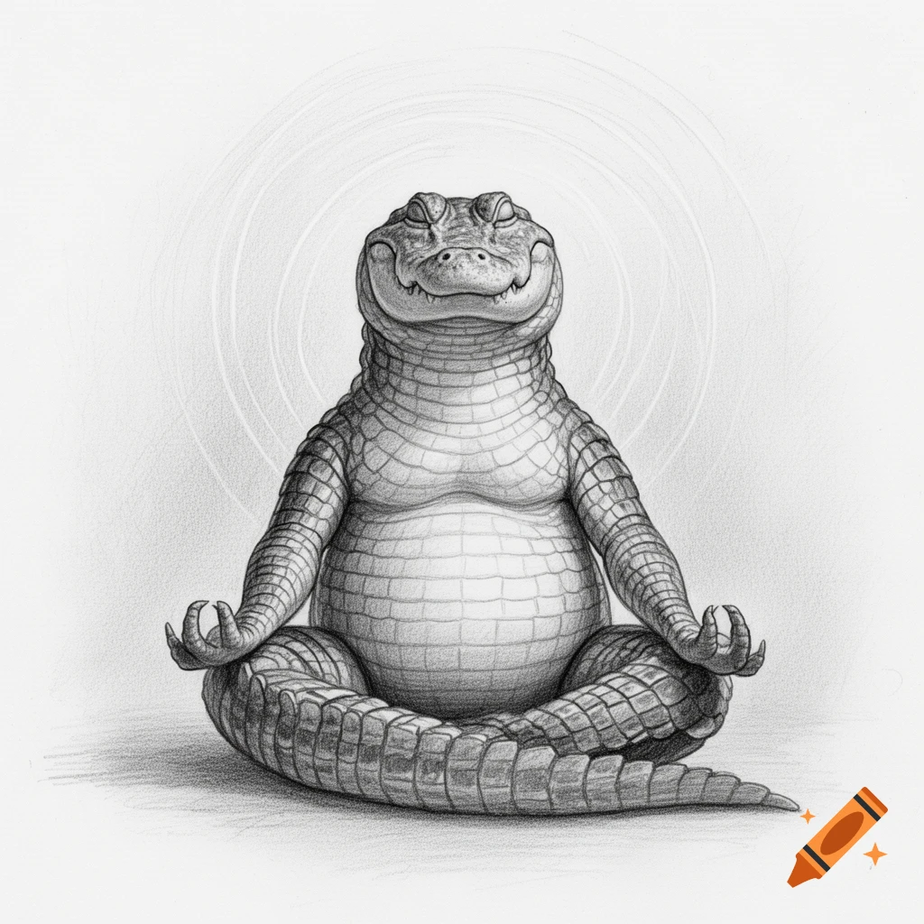 A smiling, plump alligator with closed eyes meditates in a cross-legged pose, rendered as a detailed pencil drawing.