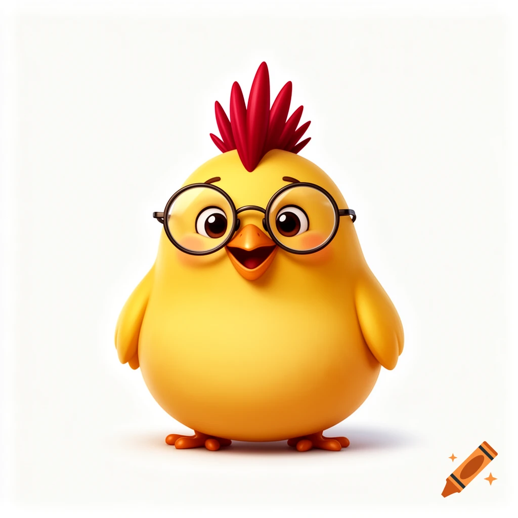 A cute, yellow, rolly-polly cartoon chicken with a red mohawk and round glasses on a white background.