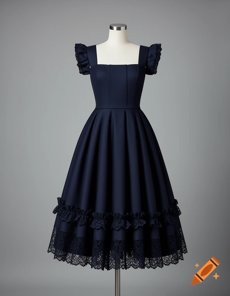 A dark navy blue knee-length dress with a structured bodice, ruffled sleeves, and a voluminous skirt with lace and ruffle trim, displayed on a mannequin in a studio.