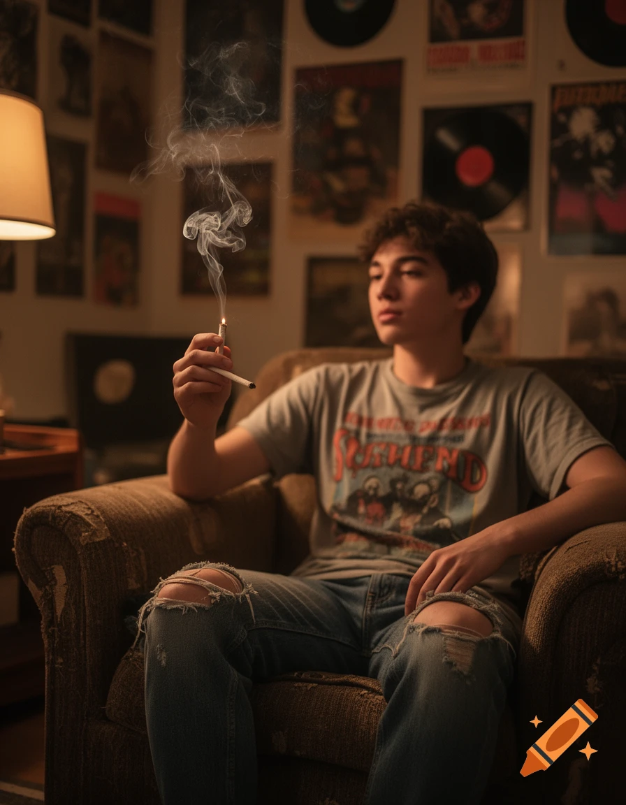 A young person with curly hair sits in an armchair, holding a lit cigarette with smoke rising, in a dimly lit room with music posters.