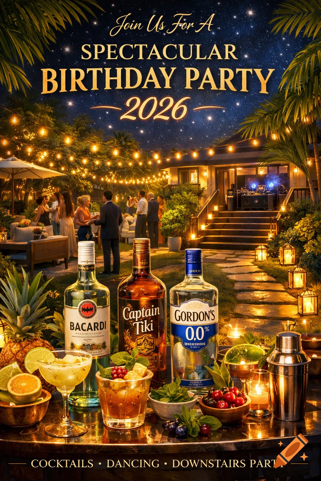 Photorealistic scene of a festive outdoor birthday party at night with string lights, people mingling, and a foreground display of various alcoholic beverages and cocktails.