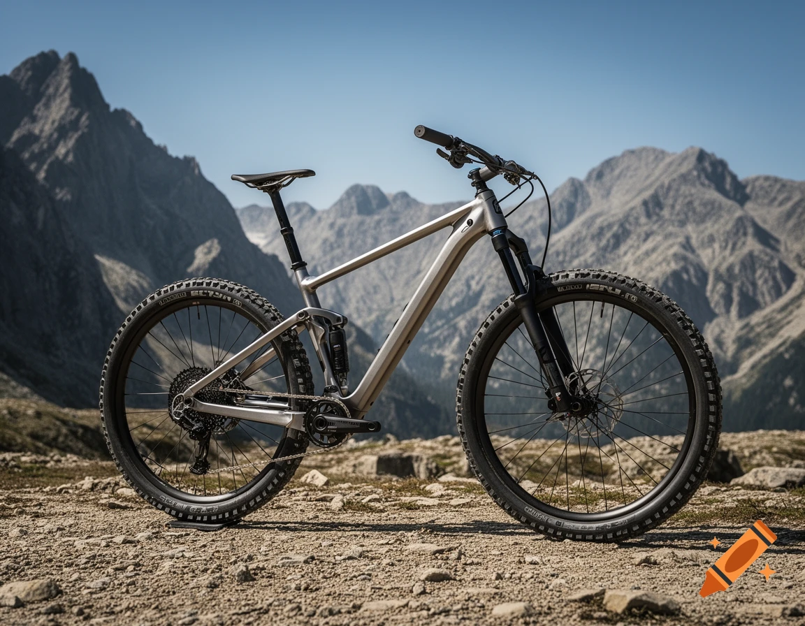 A silver full-suspension mountain bike stands on a rocky trail with majestic mountains under a clear blue sky.