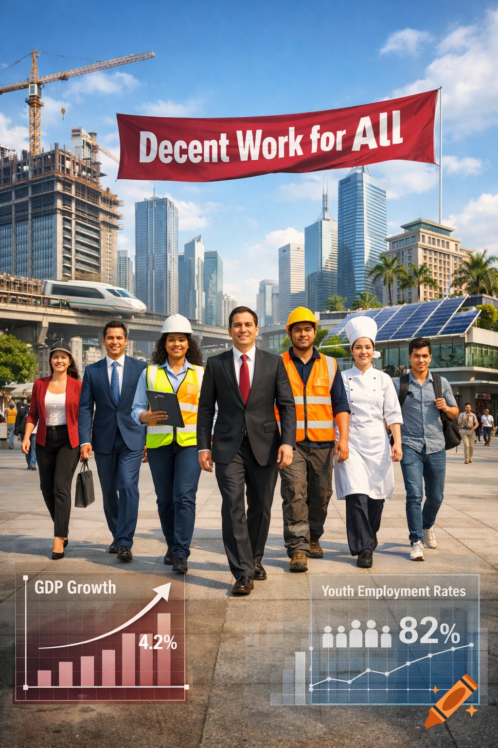 A diverse group of professionals, including construction workers, a chef, and a businessman, walk on a city street with skyscrapers and a banner reading 'Decent Work for All', accompanied by graphs on GDP growth and youth employment rates.