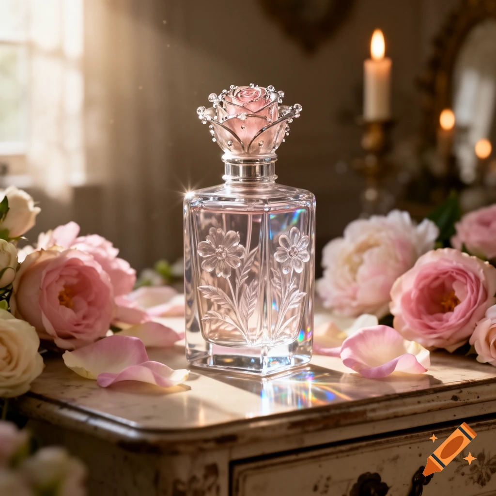 A crystal perfume bottle with a pink rose stopper surrounded by pink roses and petals on an antique dresser in soft light.