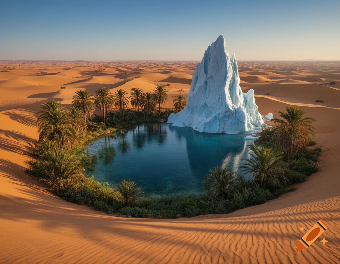 Photorealistic image of a vibrant oasis with palm trees and a large iceberg, surrounded by endless sand dunes.
