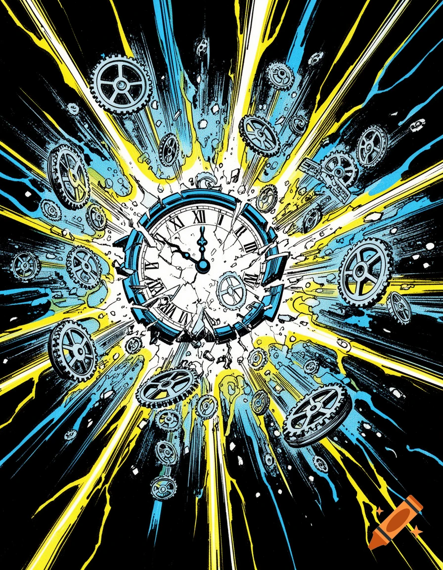 Dynamic comic book art of a shattering clock face with Roman numerals, surrounded by flying gears and bright yellow and blue energy bursts against a black background.