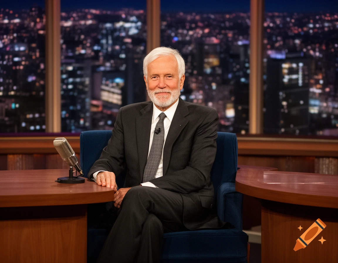 A smiling man with white hair and a beard in a suit sits behind a desk on a television set with a city skyline at night.