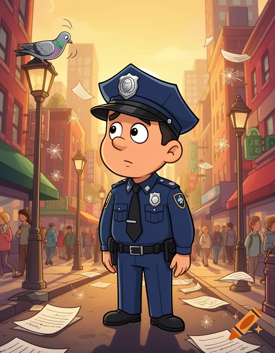 A cartoon police officer looks up in a city street filled with flying dandelion seeds and papers, a pigeon on a lamppost.