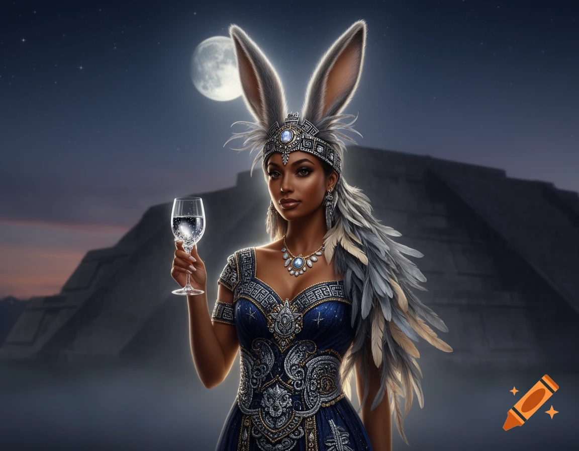 A fantasy woman with bunny ears and an ornate blue gown holds a wine glass under a full moon with pyramids in the background.