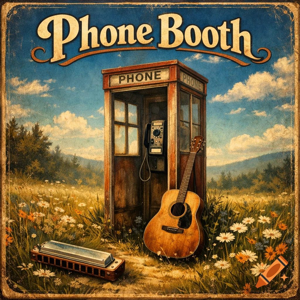 Vintage album cover art featuring a phone booth, acoustic guitar, and harmonica in a wildflower field with 'Phone Booth' text.