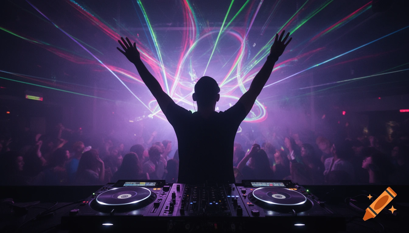 Silhouette of a DJ with raised arms performing in a vibrant nightclub with purple lights and lasers.