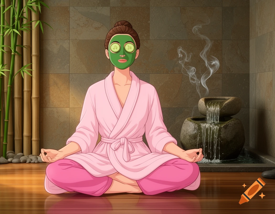 Animated woman meditating in a pink robe with a green spa mask and cucumber eyes, in a zen bathroom with bamboo and a water fountain.
