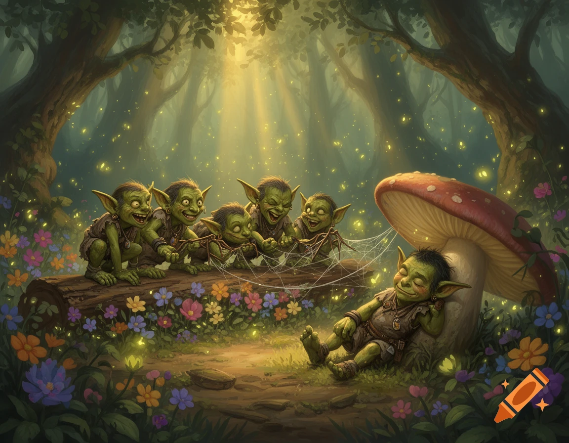 Four mischievous goblins string a spiderweb over a fifth sleeping goblin under a red mushroom in a magical forest with glowing fireflies.