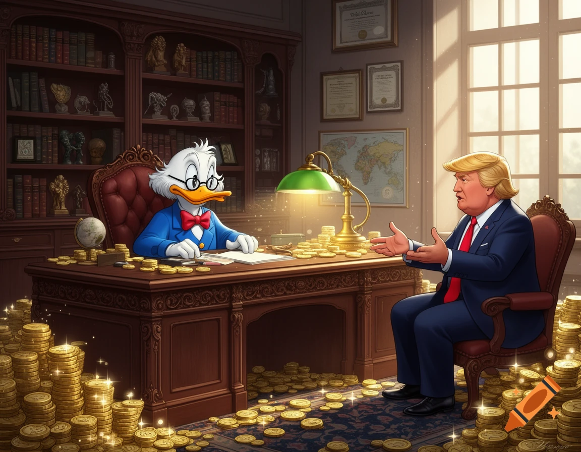 Scrooge McDuck, a cartoon duck, sits at a desk covered in gold coins, meeting with Donald Trump in a lavish office.