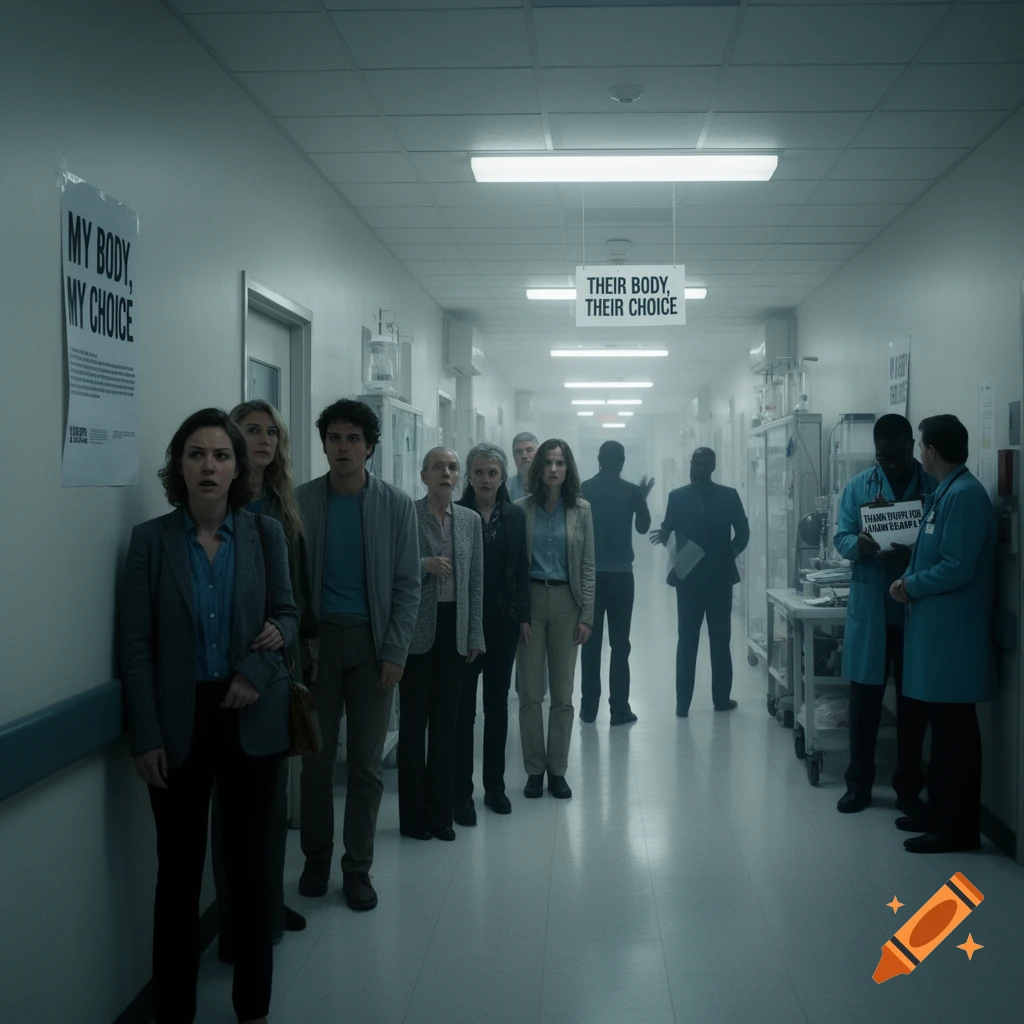 Concerned people in a dimly lit psych ward hallway. Signs read "MY BODY, MY CHOICE" and "THEIR BODY, THEIR CHOICE."
