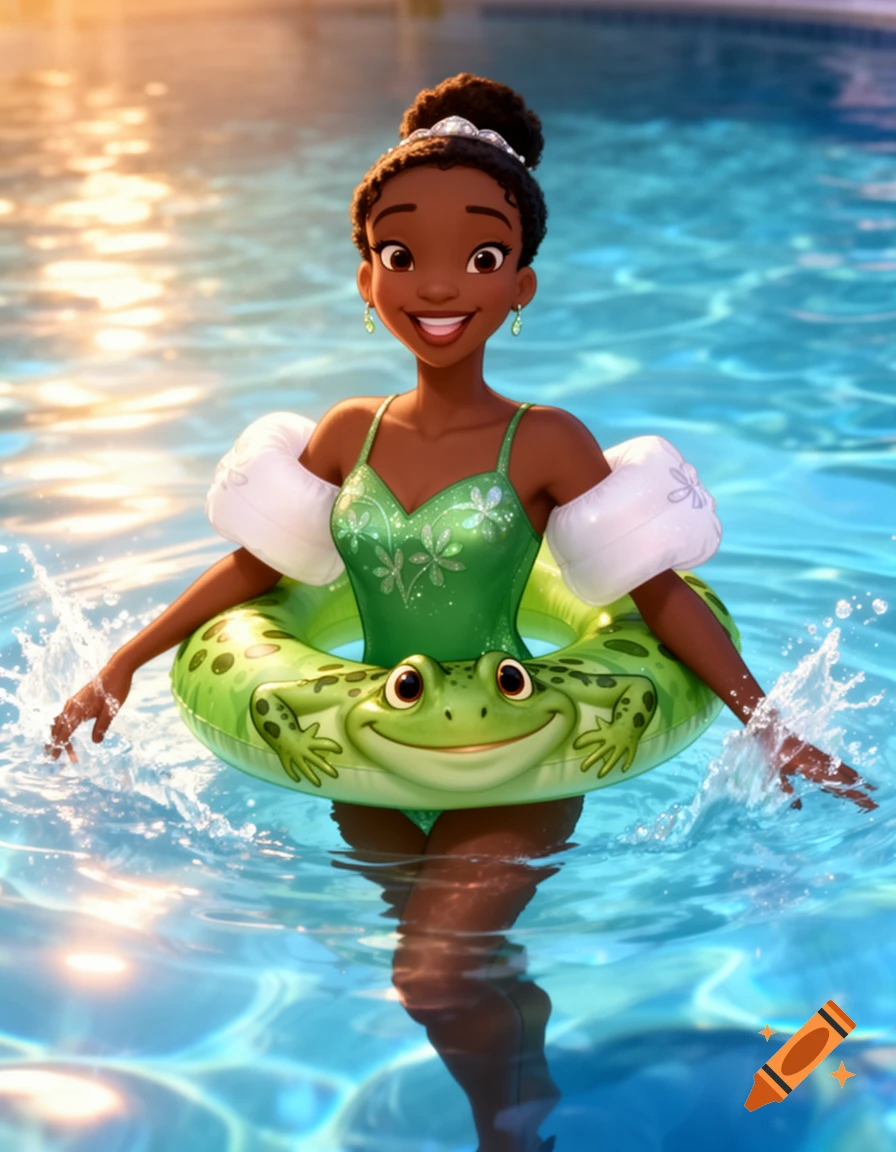 Smiling cartoon Princess Tiana in a green swimsuit, white water wings, and a frog inner tube in a sparkling swimming pool.