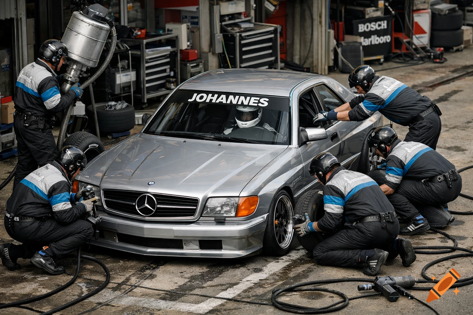 A silver Mercedes 560 SEC race car during a dynamic DTM pit stop, with six crew members changing tires, fueling, and cleaning.