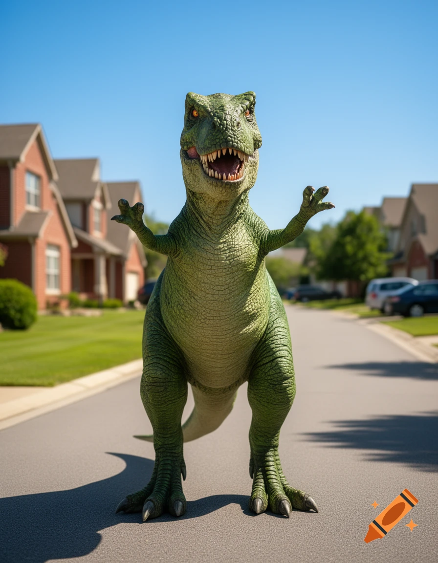 A large, green, photorealistic dinosaur with orange eyes and an open mouth stands on a suburban street, waving its small arms.
