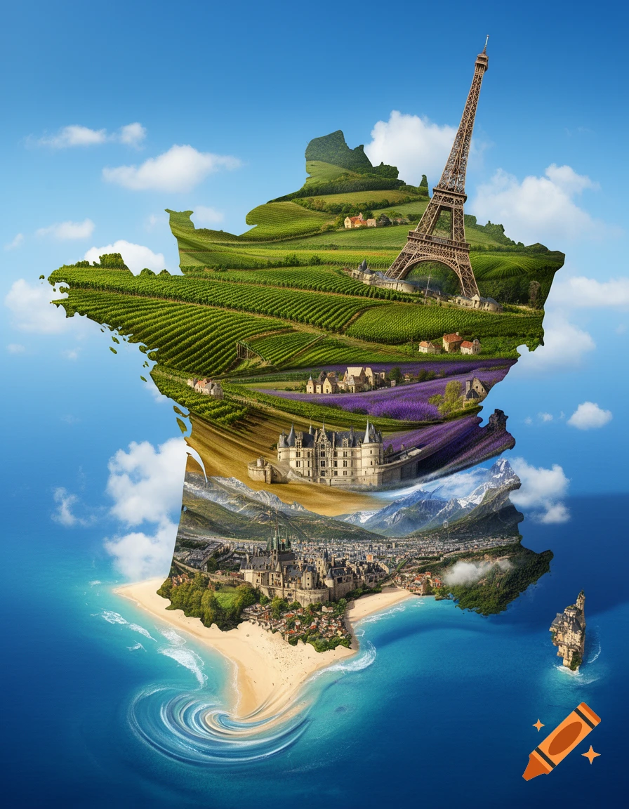 A 3D map of France filled with iconic French landscapes: vineyards, lavender fields, chateaux, mountains, and beaches, against a blue sky.