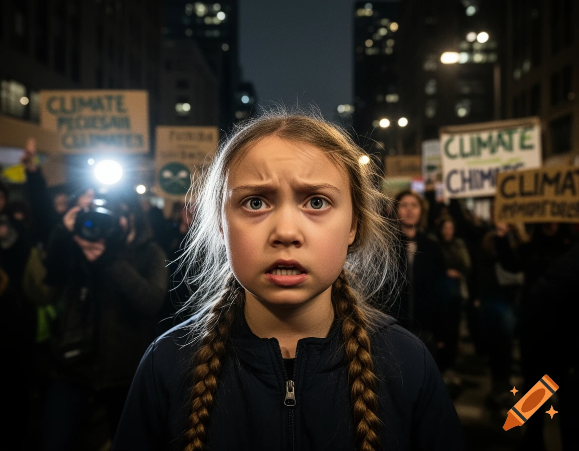 Close-up, photorealistic portrait of a frightened Greta Thunberg at a nighttime climate protest, surrounded by blurred people and signs.