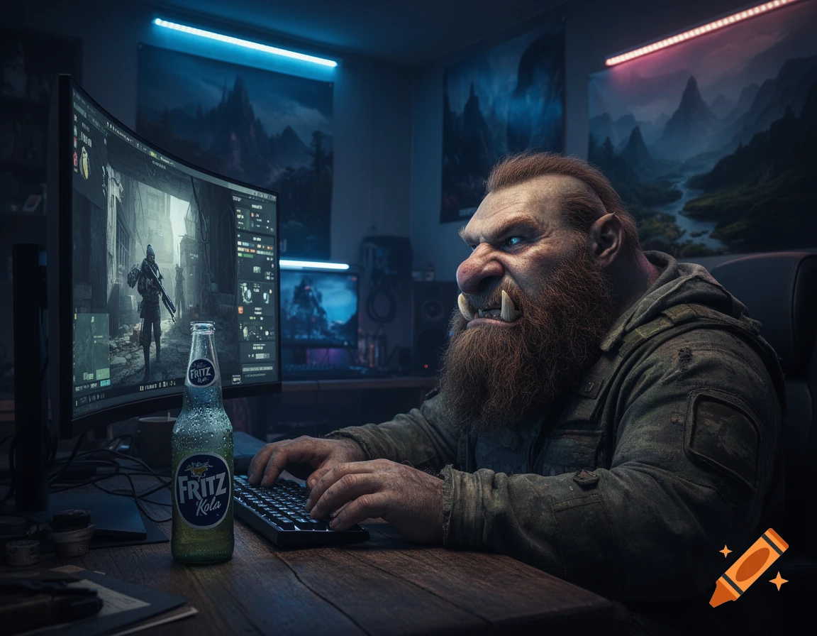 A burly orc with a beard and tusks plays a video game on a curved monitor in a dimly lit room, with a Fritz Kola bottle.