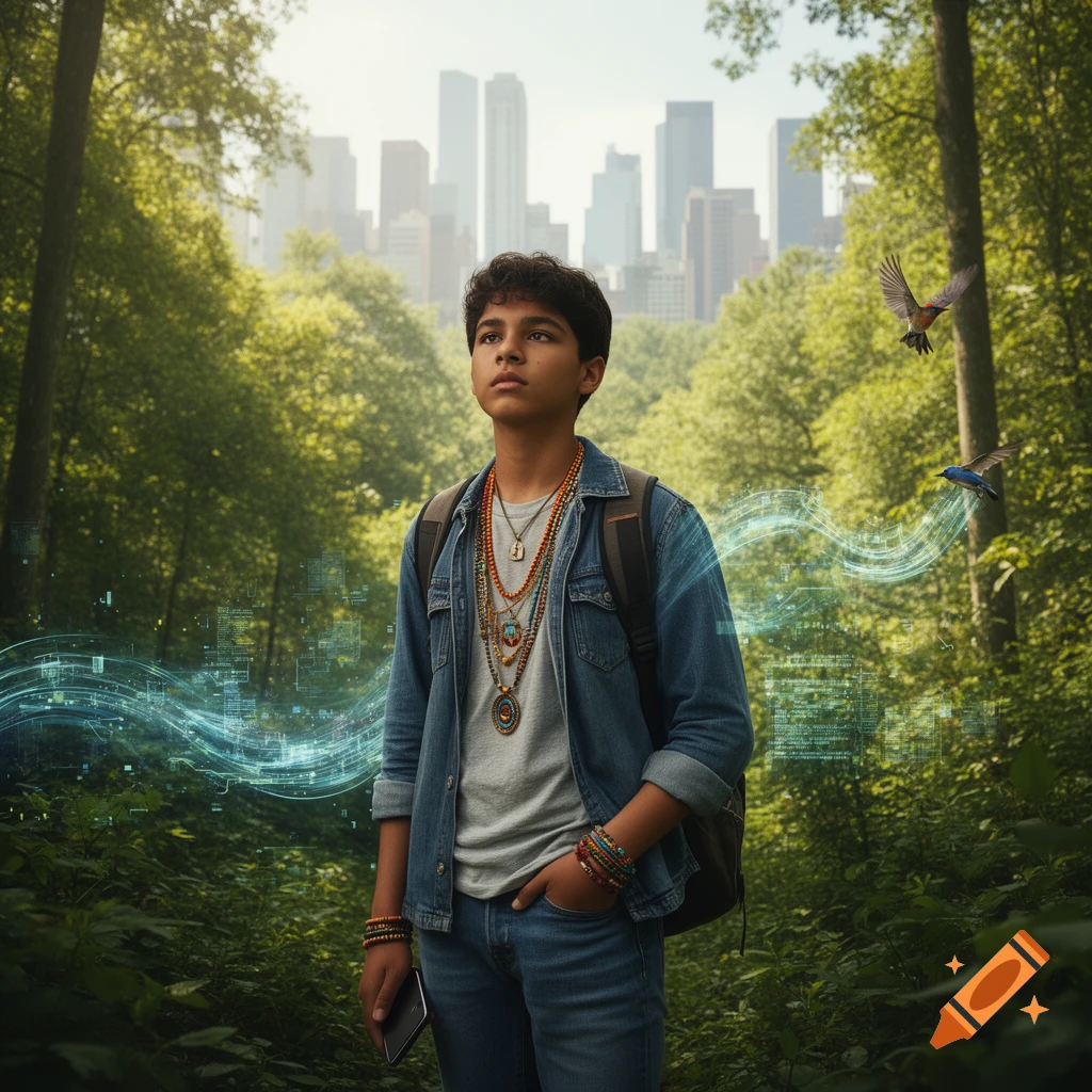 A young boy stands in a vibrant forest, looking up, with a city skyline in the misty background. Digital light streams and birds fly around him.