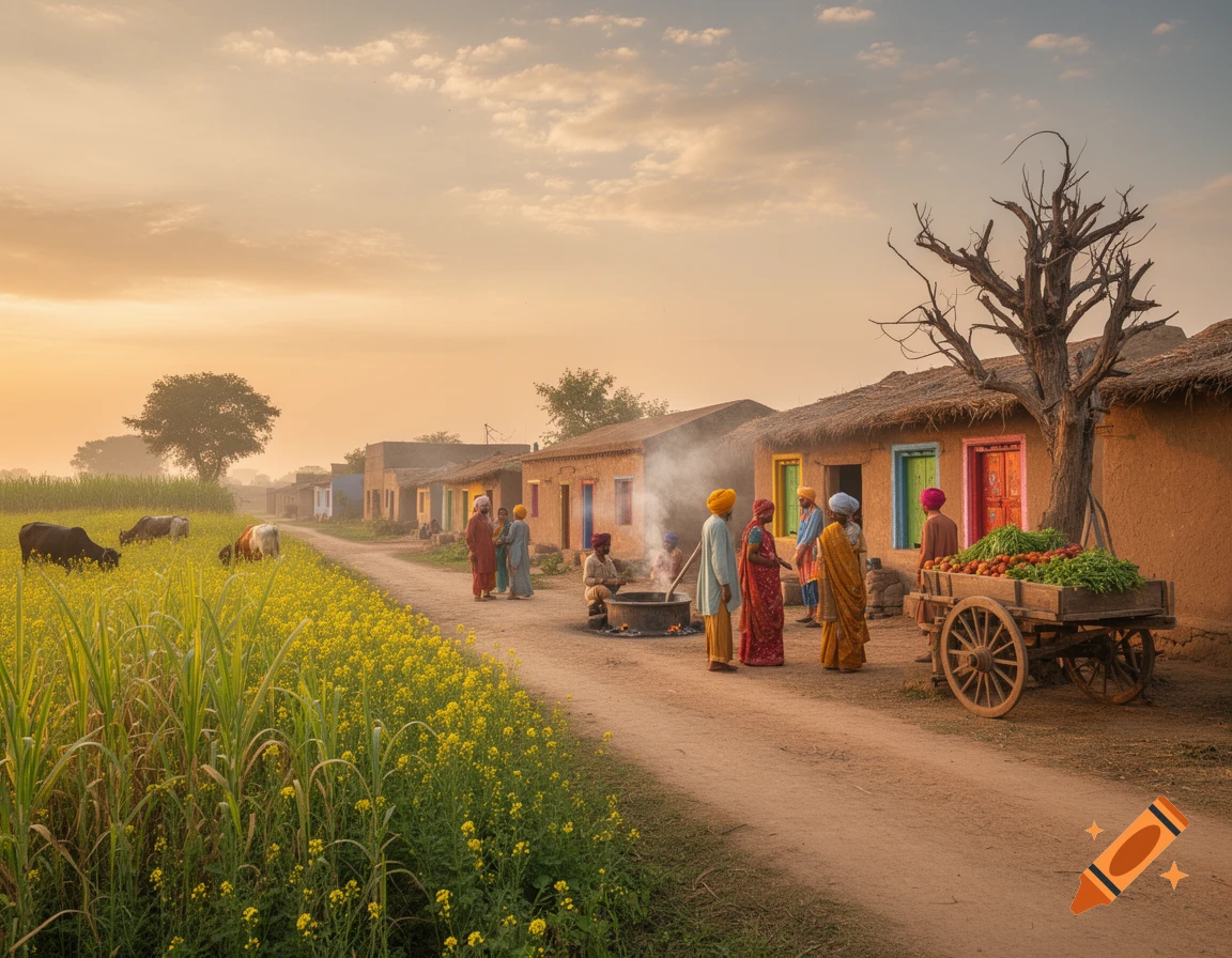 A vibrant Indian village at sunrise. People gather near traditional mud houses with colorful doors; cows graze in a yellow field.