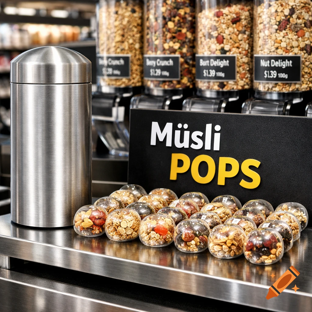 A store display features a tall stainless steel container next to a sign for "Müsli POPS." Below are rows of clear, spherical pods filled with various muesli mixtures. In the background, bulk muesli dispensers are labeled with flavors and prices.
