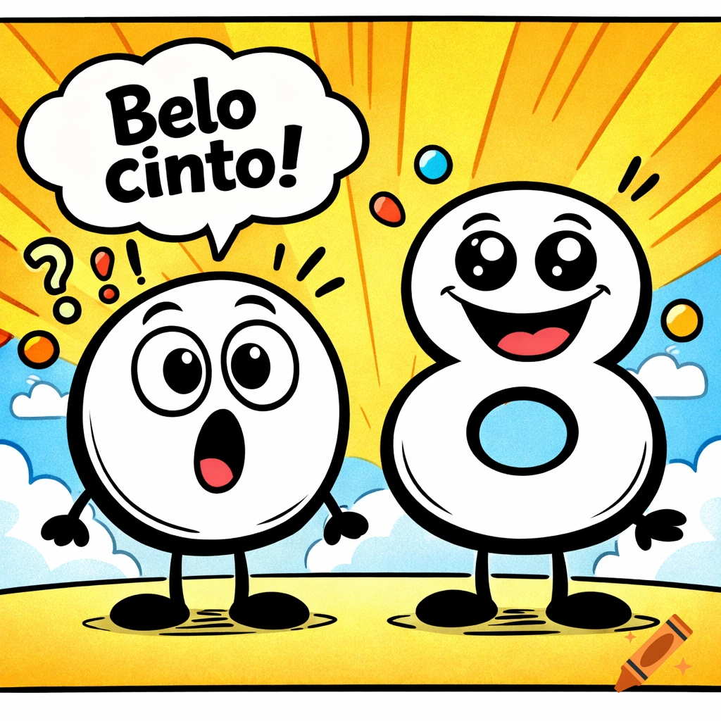 Two cartoon number characters, a surprised 0 saying 'Belo cinto!' to a smiling 8, in a comic style.