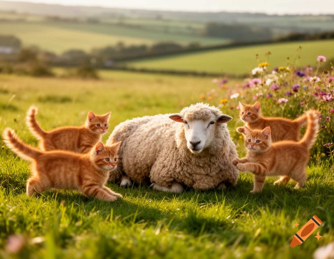 A fluffy sheep lies in a sunlit green field surrounded by five playful ginger kittens. Wildflowers bloom in the background under a soft sky.