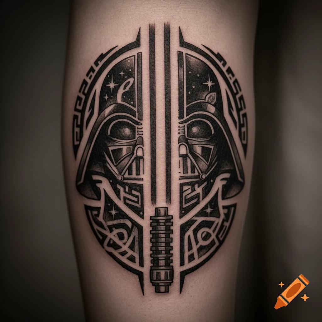 A black and white tribal tattoo on a limb features two Darth Vader helmets facing each other, split by a lightsaber, within a circular pattern.