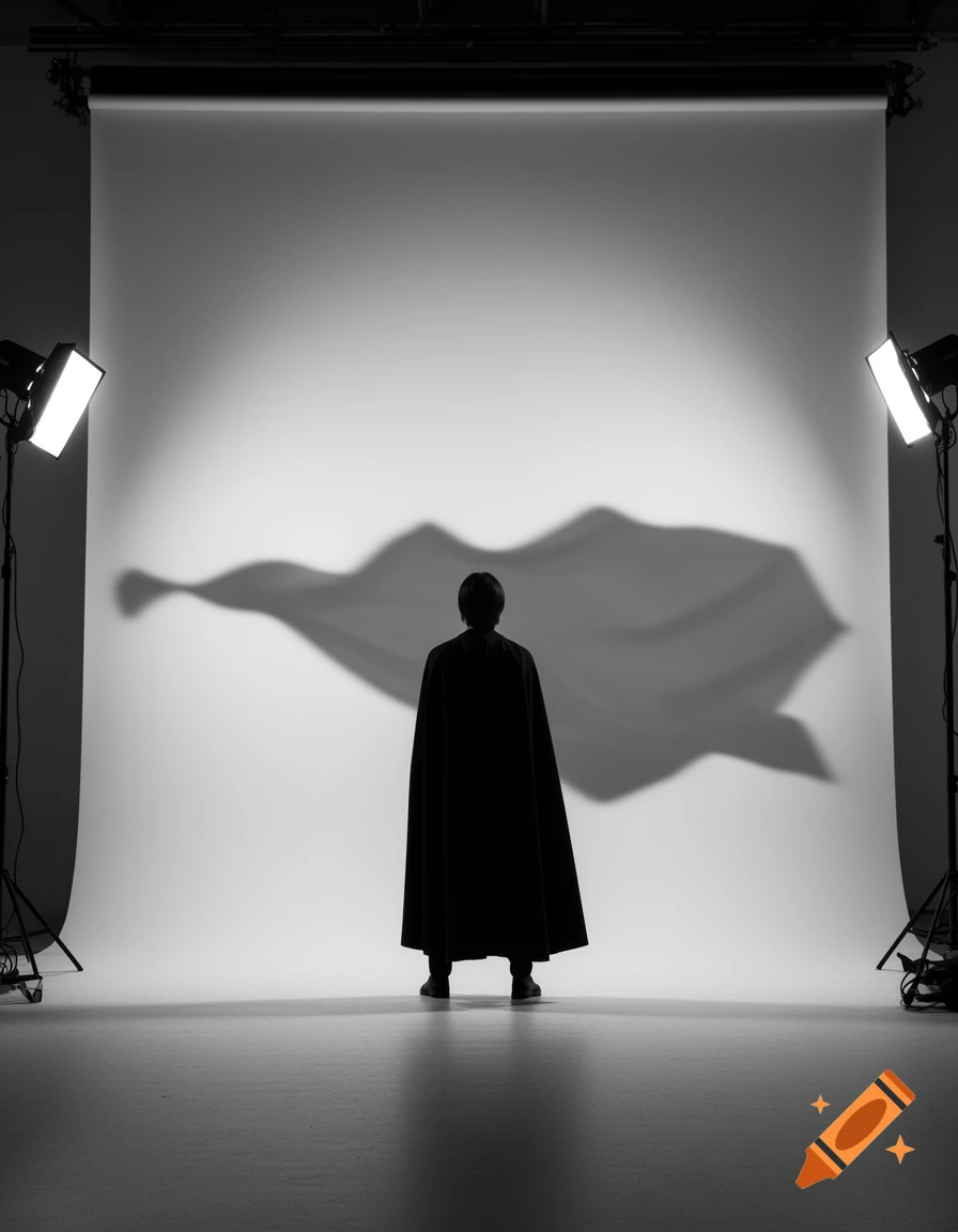 A black and white photo of a person in a cape in a studio, with a large, wavy shadow projected behind them.