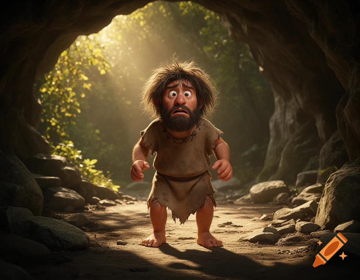 A nervous cartoon caveman with shaggy hair and a beard stands at a dark cave entrance, looking out into a sunlit forest.