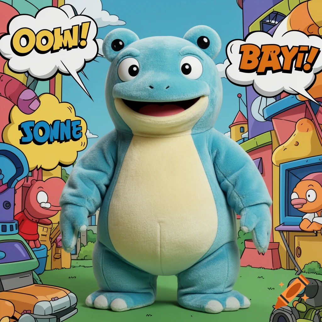 A blue, plush, frog-like character stands in a colorful, cartoonish city street with speech bubbles that say "OOHN!", "SONNE", and "BAY!".