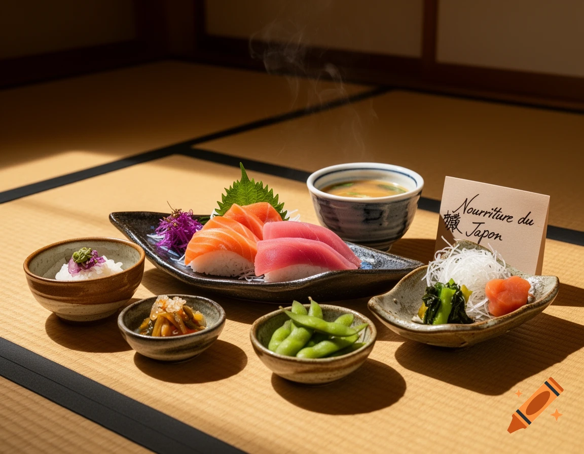 A traditional Japanese meal featuring salmon and tuna sushi, sashimi, miso soup, and various side dishes, arranged on a tatami mat in soft light.