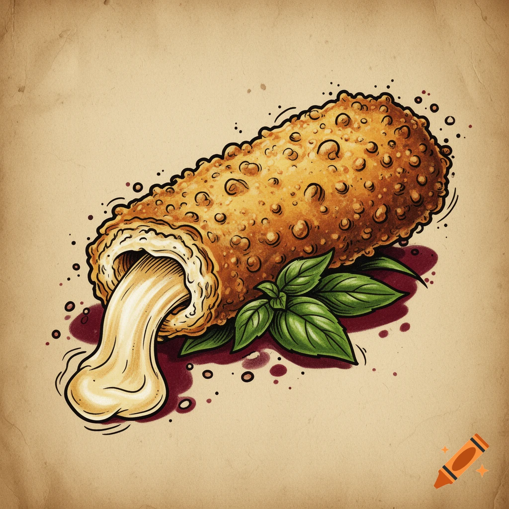A stylized tattoo art illustration of a fried mozzarella stick with melted cheese oozing out, next to green basil leaves on a rustic background.