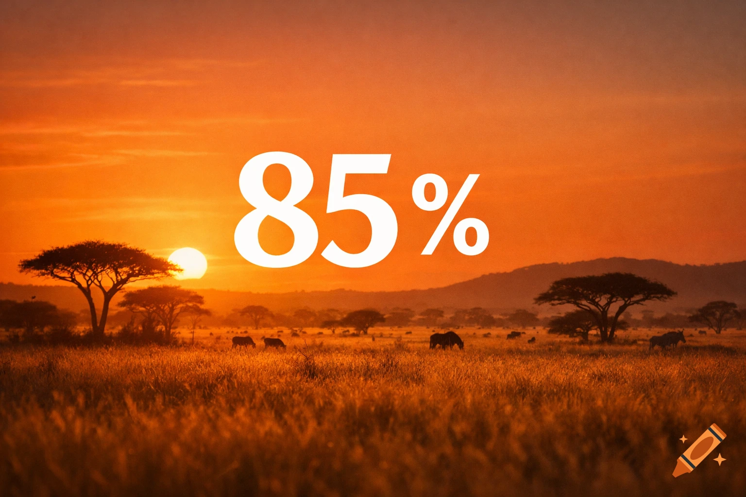 Photorealistic savanna landscape at sunset with animals grazing, featuring large white text '85%' in the center.