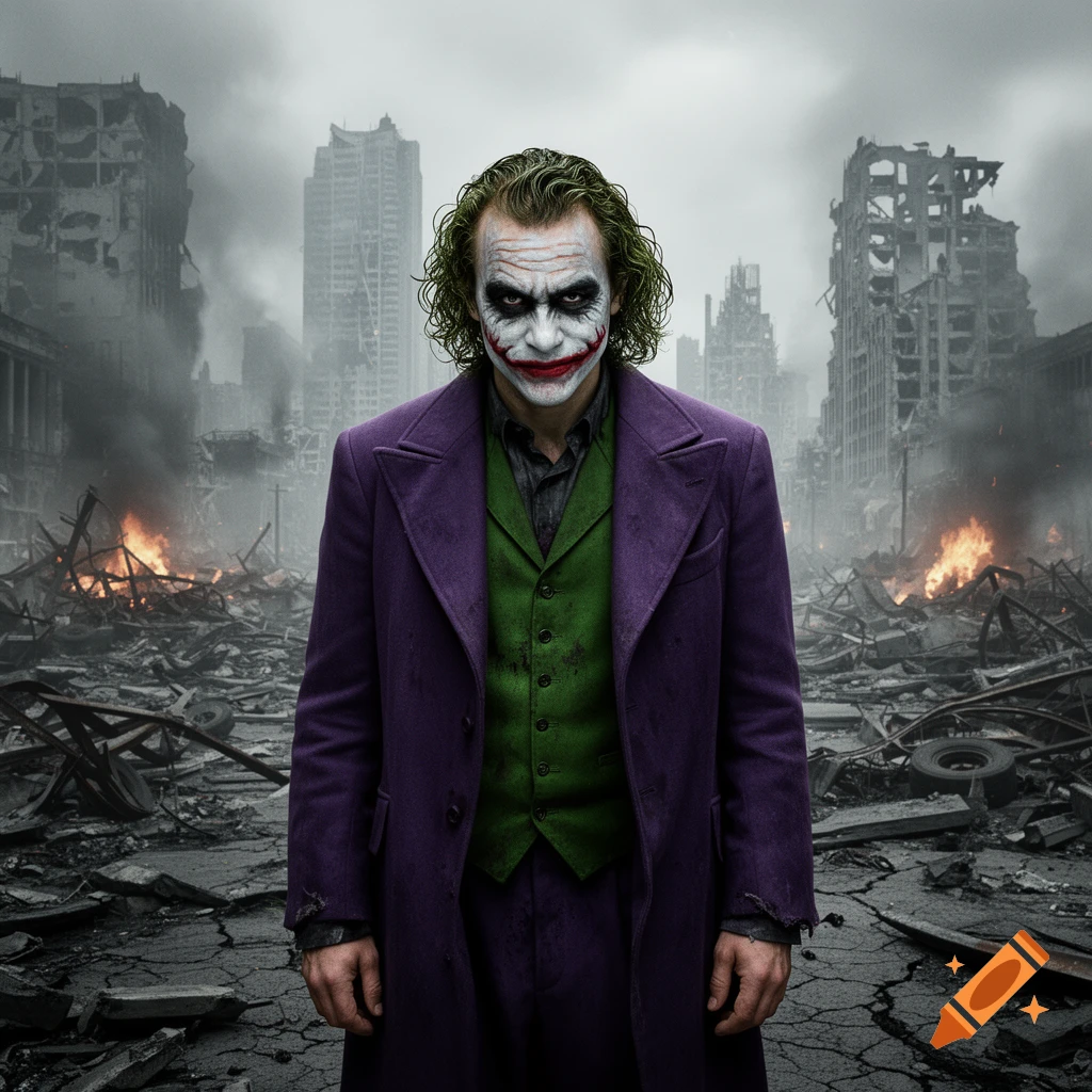 Heath Ledger as the Joker stands in a destroyed city with crumbling buildings and fires burning in the background, in a photorealistic style.